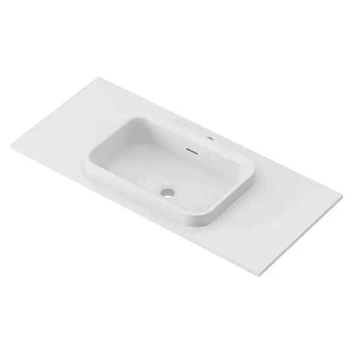 Lavabo y encimera Paul - 46 x 101 cm, Orificios para grifo: Medio, Con desbordamiento, Blanco - Un lavabo encastrado de cerámica blanca con forma rectangular y bordes redondeados sobre una encimera blanca.