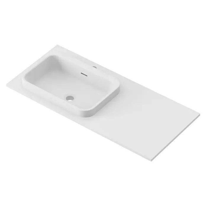 Lavabo y encimera Paul izquierda - 46 x 101 cm, Orificios para grifo: Izquierda, Con desbordamiento, Blanco - Lavabo de cerámica sobre una encimera blanca. Diseño elegante para baños modernos con estética minimalista.