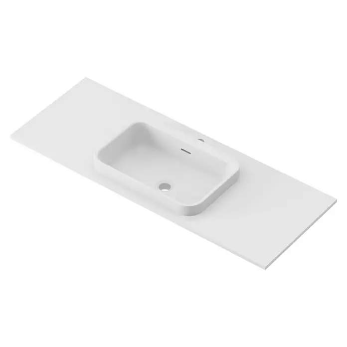 Lavabo y encimera Paul - 46 x 121 cm, Orificios para grifo: Medio, Con desbordamiento, Blanco - La imagen muestra un lavabo de baño moderno y blanco montado sobre una encimera a juego. Su diseño minimalista y las líneas limpias aportan un toque elegante al baño.