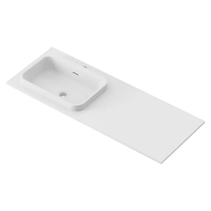 Lavabo y encimera Paul izquierda - 46 x 121 cm, Orificios para grifo: Izquierda, Con desbordamiento, Blanco - Una encimera blanca moderna con un lavabo rectangular integrado. El diseño simple se adapta perfectamente a cualquier baño.