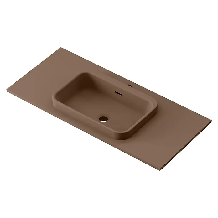 Lavabo y encimera Paul - 46 x 101 cm, Orificios para grifo: Medio, Con desbordamiento, Cacao - Elegante lavabo rectangular en un tono marrón cálido, encastrado en una encimera a juego. Las líneas limpias y el diseño sencillo definen la estética general.