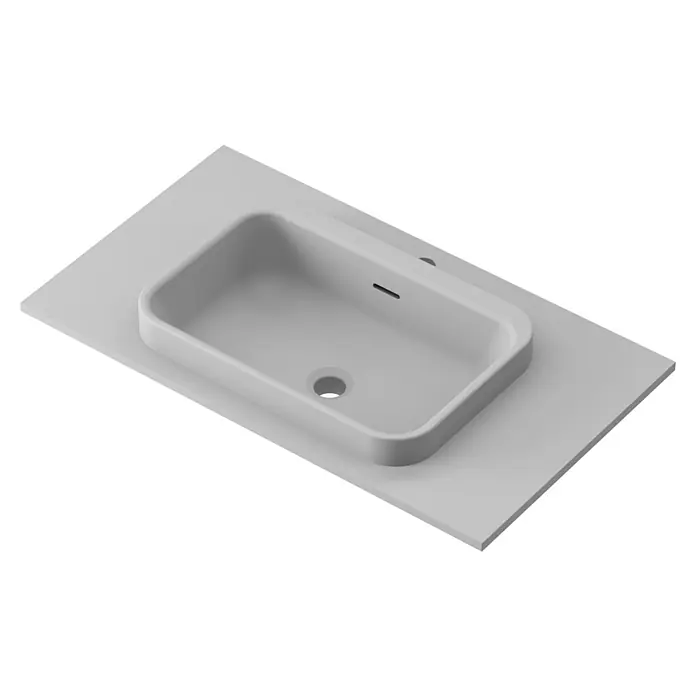 Lavabo y encimera Paul - 46 x 81 cm, Orificios para grifo: Medio, Con desbordamiento, Gris - Vista superior de un lavabo rectangular moderno con bordes redondeados sobre una encimera minimalista.