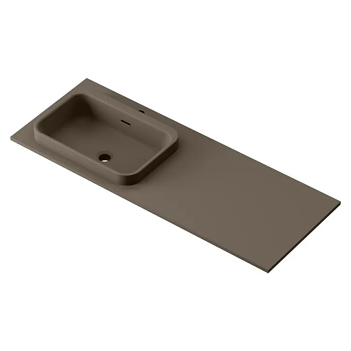 Lavabo y encimera Paul izquierda - 46 x 121 cm, Orificios para grifo: Izquierda, Con desbordamiento, Nut - Vista superior de un lavabo moderno marrón con encimera, que ofrece un diseño elegante y funcional para cualquier baño.