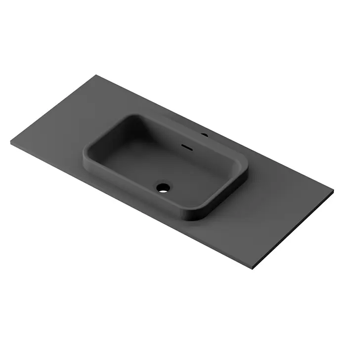 Lavabo y encimera Paul - 46 x 101 cm, Orificios para grifo: Medio, Con desbordamiento, Antracita - Vista superior de un lavabo gris moderno sobre una encimera, diseño minimalista para baños.