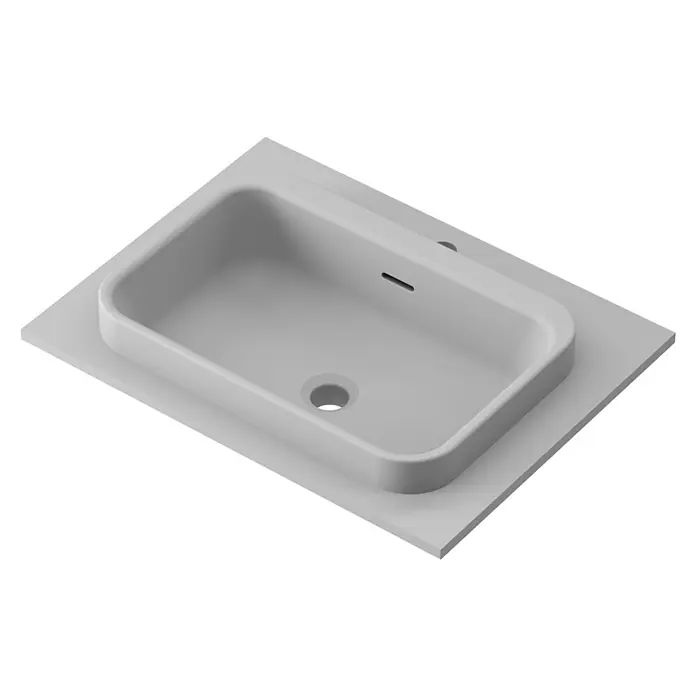 Lavabo y encimera Paul - 46 x 61 cm, Orificios para grifo: Medio, Con desbordamiento, Gris - Vista superior de un lavabo de baño rectangular moderno con una superficie lisa y bordes redondeados. El lavabo es de color gris claro.
