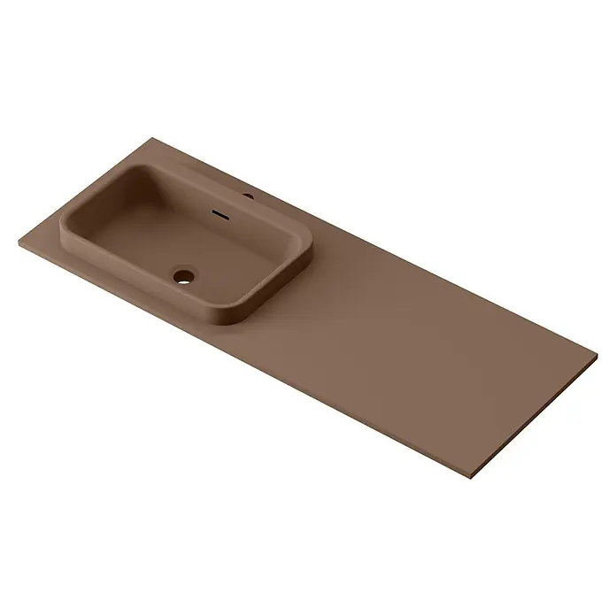 Lavabo y encimera Paul izquierda - 46 x 121 cm, Orificios para grifo: Izquierda, Con desbordamiento, Cacao - Vista superior de un lavabo de baño marrón con encimera.