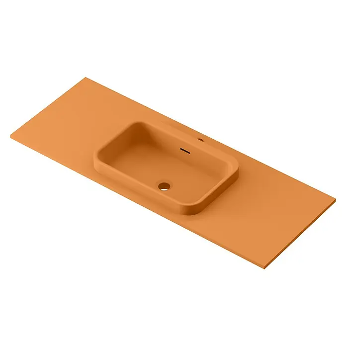 Lavabo y encimera Paul - 46 x 121 cm, Orificios para grifo: Medio, Con desbordamiento, Melocotón - Vista superior de un lavabo naranja con encimera, que emana elegancia con su diseño minimalista.