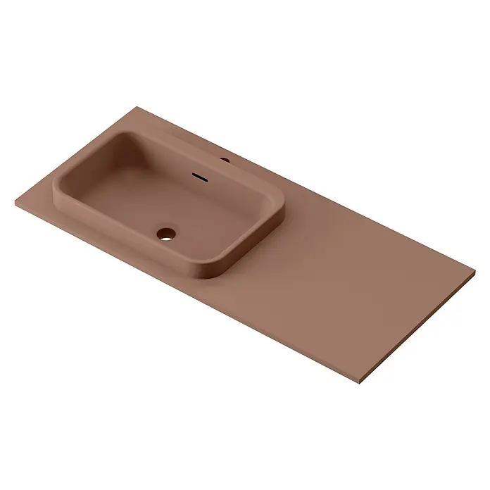 Lavabo y encimera Paul izquierda - 46 x 101 cm, Orificios para grifo: Izquierda, Con desbordamiento, Rosa california - Primer plano de un lavabo rectangular de gres de color terracota.