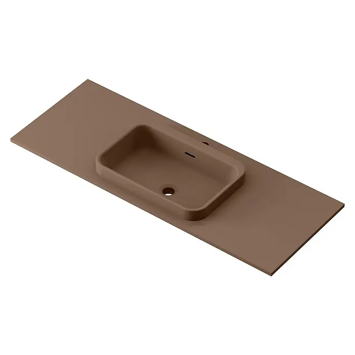 Lavabo y encimera Paul - 46 x 121 cm, Orificios para grifo: Medio, Con desbordamiento, Cacao - Elegante lavabo rectangular beige integrado perfectamente en una encimera a juego, diseño minimalista y estilo elegante.