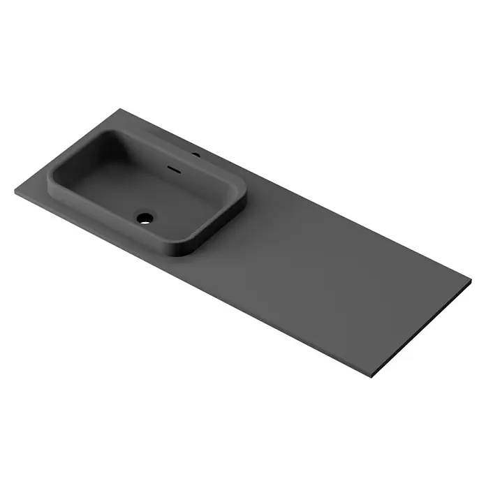 Lavabo y encimera Paul izquierda - 46 x 121 cm, Orificios para grifo: Izquierda, Con desbordamiento, Antracita - Encimera de lavabo gris oscuro con lavabo integrado y orificios para grifo, ideal para diseños de baño modernos.