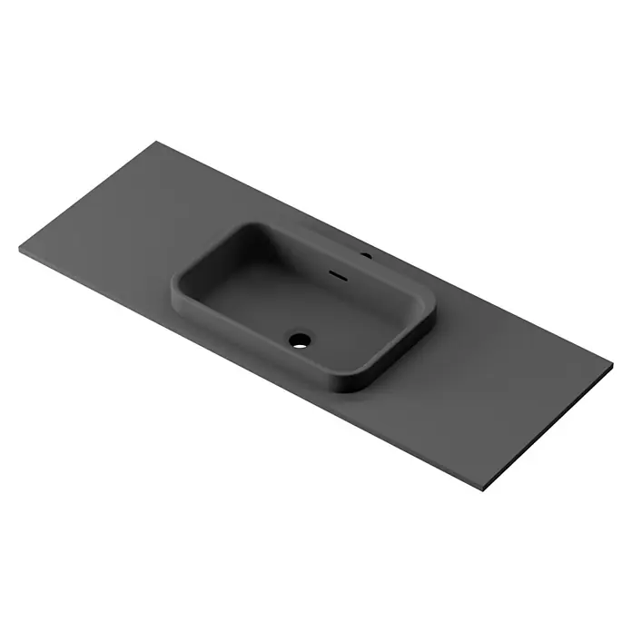 Lavabo y encimera Paul - 46 x 121 cm, Orificios para grifo: Medio, Con desbordamiento, Antracita - Un moderno lavabo de encimera gris con una pila rectangular sobre una superficie oscura, que muestra un elegante accesorio de baño.