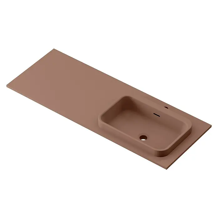 Lavabo y encimera Paul derecha - 46 x 121 cm, Orificios para grifo: Derecha, Con desbordamiento, Rosa california - Vista de un moderno lavabo rectangular en un tono rosa tenue, perfecto para baños minimalistas.