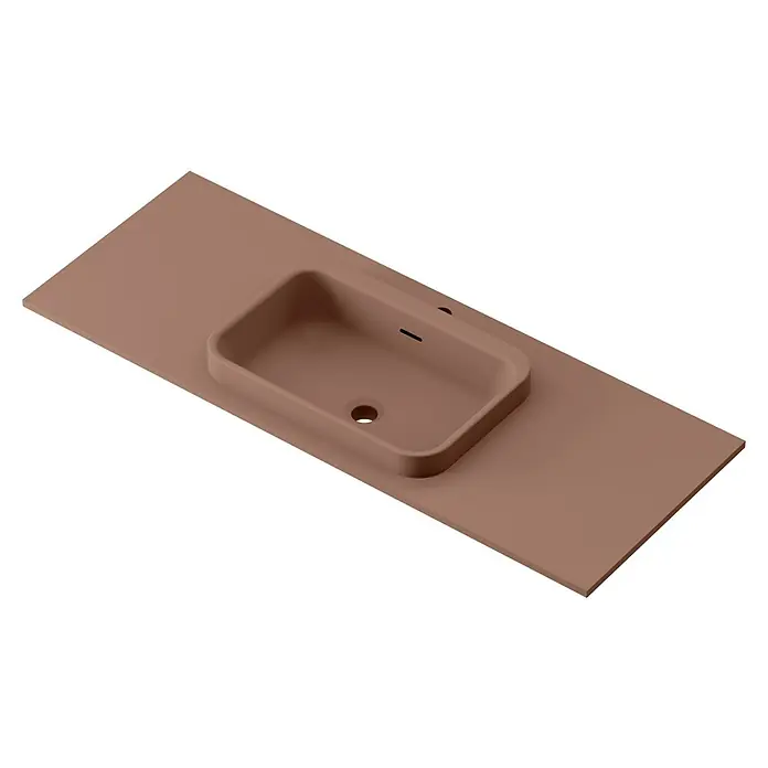 Lavabo y encimera Paul - 46 x 121 cm, Orificios para grifo: Medio, Con desbordamiento, Rosa california - Primer plano de un lavabo moderno en un tono tierra suave, que muestra un diseño de baño minimalista y elegante.