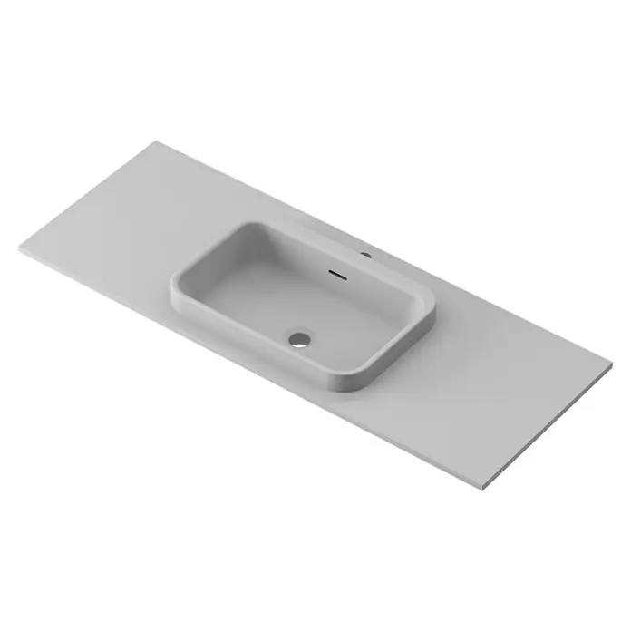 Lavabo y encimera Paul - 46 x 121 cm, Orificios para grifo: Medio, Con desbordamiento, Gris - Vista de un lavabo moderno y minimalista con forma rectangular sobre una encimera blanca, ideal para un baño elegante.