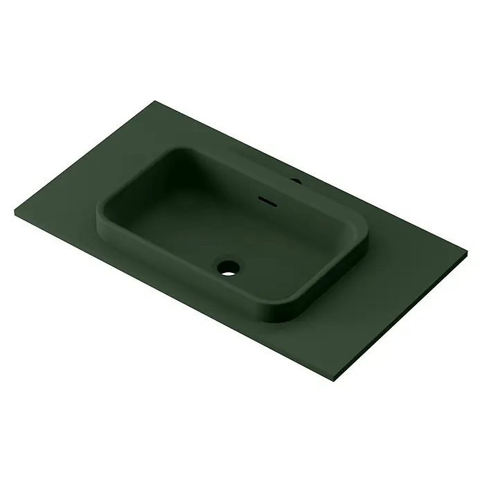 Lavabo y encimera Paul - 46 x 81 cm, Orificios para grifo: Medio, Con desbordamiento, Verde oliva - Vista de un moderno lavabo rectangular de encimera en color verde oliva sobre una encimera a juego, perfecto para baños elegantes.