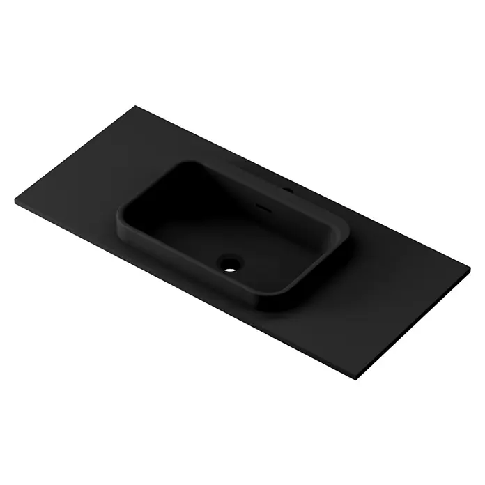 Lavabo y encimera Paul - 46 x 101 cm, Orificios para grifo: Medio, Con desbordamiento, Negro - Lavabo sobre encimera negro colocado sobre una superficie negra.