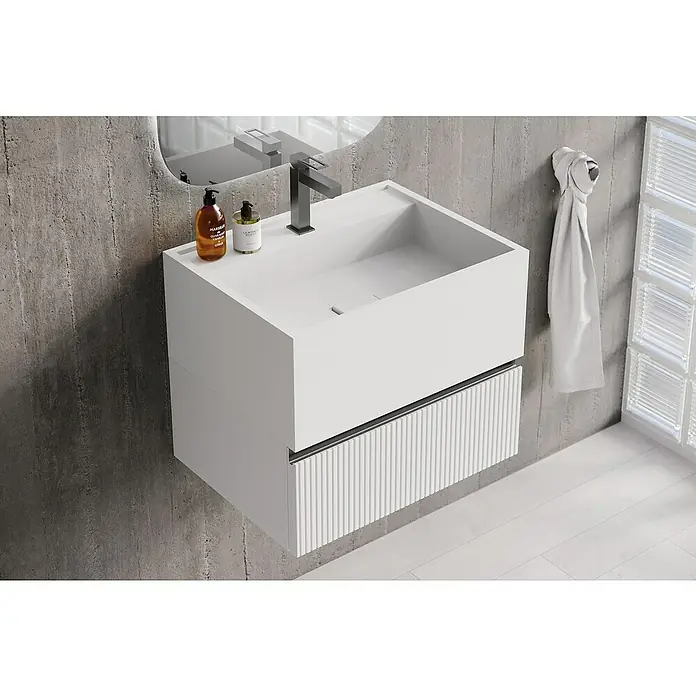 Lavabo de sobremesa Marine - 46 x 60,2 cm, Blanco - Elegante lavabo de baño con grifo moderno y un elegante mueble bajo. El complemento perfecto para cualquier baño moderno.