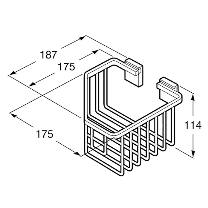Roca Cesta de baño angular Rubik - 18,7 x 17,5 x 11,4 cm, Cromo - Imagen de una cesta de alambre para artículos de baño, incluyendo especificaciones de dimensiones.