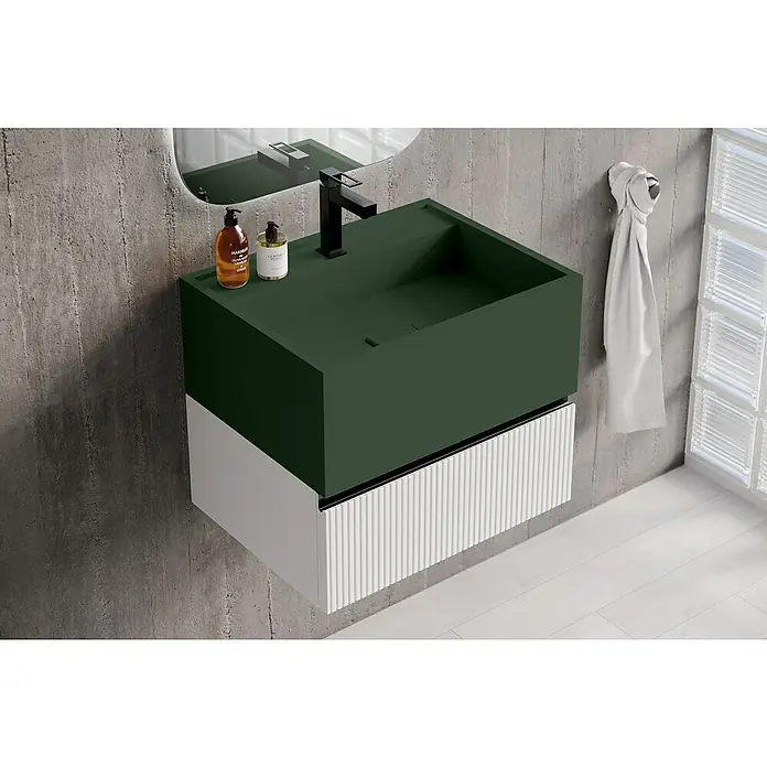 Lavabo de sobremesa Marine - 46 x 60,2 cm, Verde oliva - Elegante lavabo verde bosque con un elegante mueble de lavabo. El diseño moderno y la mano de obra de alta calidad lo convierten en un reclamo en el baño.