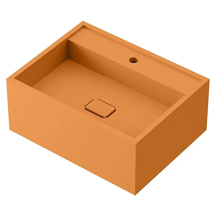 Lavabo de sobremesa Marine - 46 x 60,2 cm, Melocotón - Un lavabo de encimera rectangular naranja con cubeta integrada y orificio para el grifo.