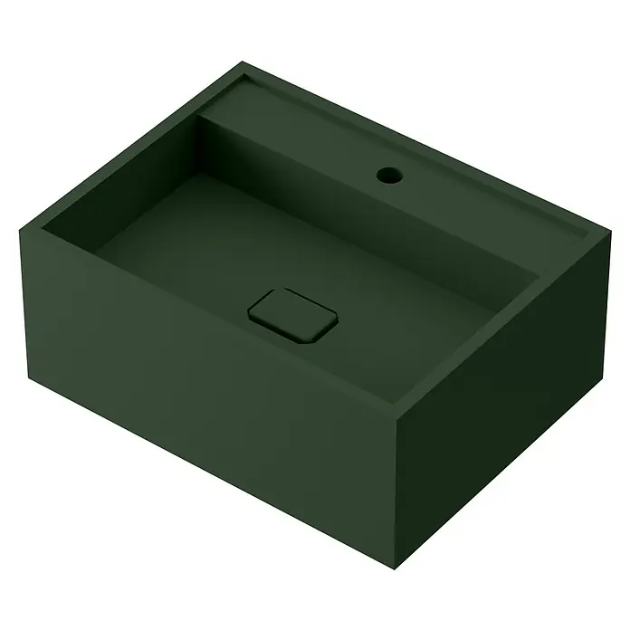 Lavabo de sobremesa Marine - 46 x 60,2 cm, Verde oliva - La imagen presenta un lavabo rectangular moderno en un tono verde oscuro, destacando por su diseño minimalista.
