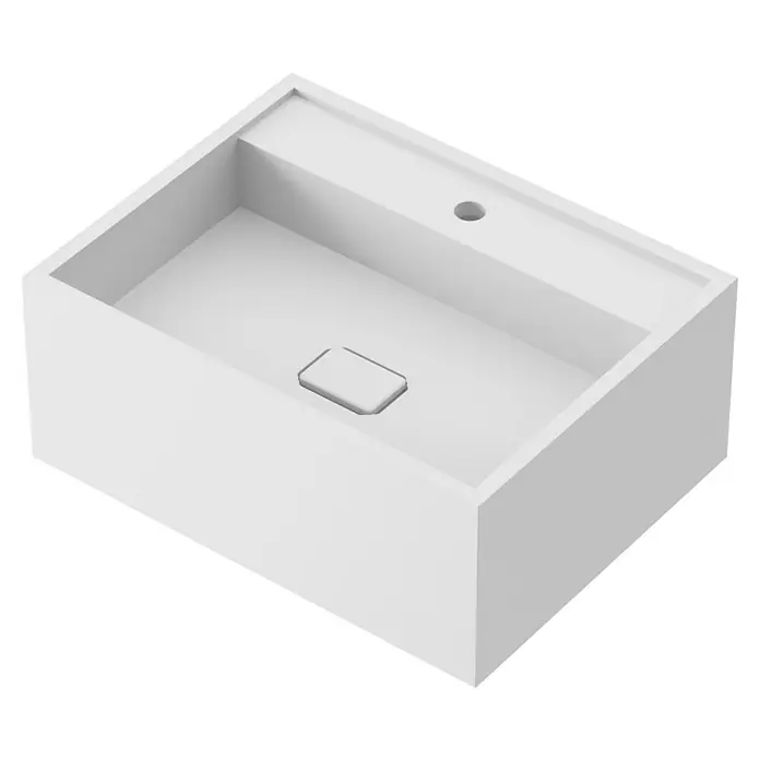 Lavabo de sobremesa Marine - 46 x 60,2 cm, Blanco - Vista del lavabo blanco. El moderno lavabo de diseño cuadrado tiene un desagüe y un orificio para el grifo.