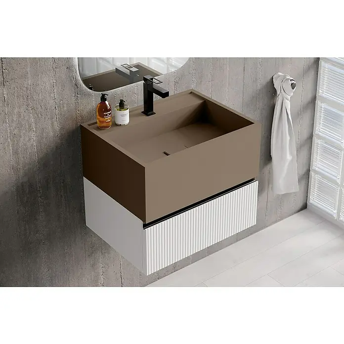 Lavabo de sobremesa Marine - 46 x 60,2 cm, Nut - Lavabo de baño moderno con cubeta marrón y mueble blanco para diseños de baño elegantes.