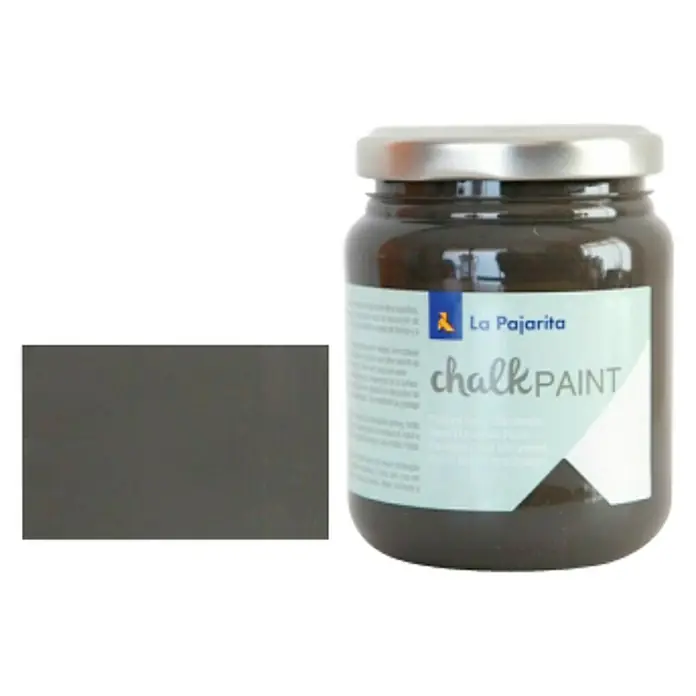 La Pajarita Pintura de tiza Chalk Paint - Casi negro, 175 ml, Mate - Un bote de pintura de tiza La Pajarita en un tono oscuro, junto con una muestra de color que muestra el color de la pintura.