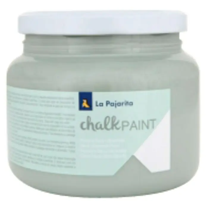 La Pajarita Pintura de tiza Chalk Paint - Gris Kioto, 500 ml, Mate - Primer plano de un bote de pintura a la tiza La Pajarita, ideal para proyectos de muebles DIY y decoraciones creativas con un acabado mate y calcáreo.