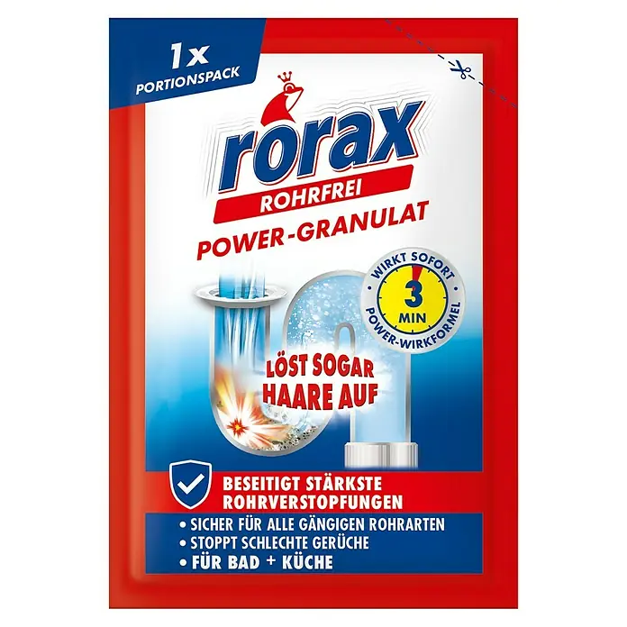 Rorax Rohrreiniger Rohrfrei Power-Granulat - 60 g, Portionspack - rorax Rohrfrei Power-Granulat: Effektives Abflussreiniger-Granulat in praktischer Portionspackung, löst Verstopfungen schnell und beseitigt Gerüche.