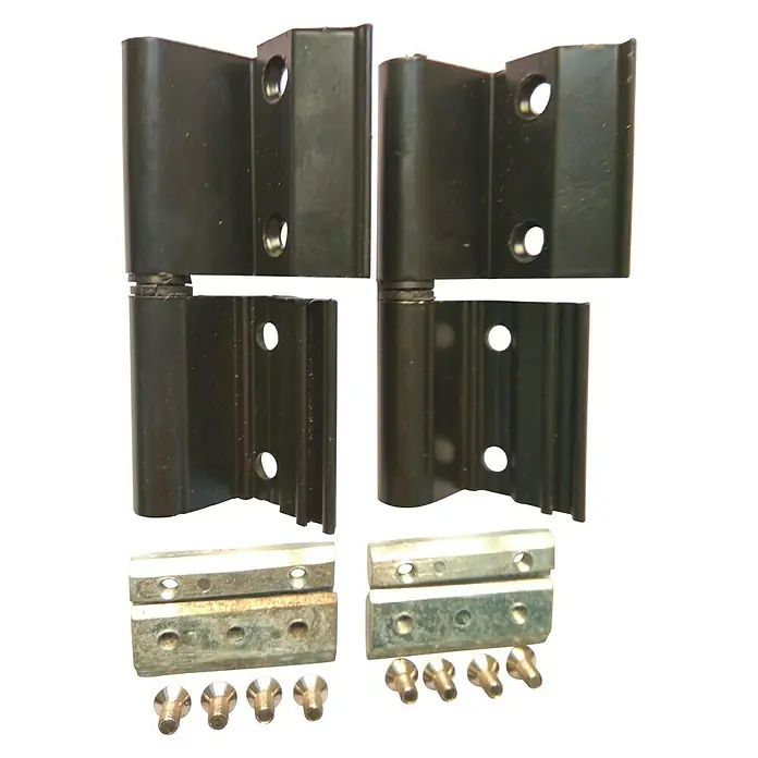 Bisagra 40-20 - Negro, 2 ud. - Bisagras con herrajes. Las bisagras negras y los herrajes plateados se muestran sobre un fondo blanco para instalaciones de puertas.