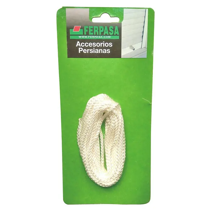 Cuerda de repuesto - Blanco - Kit de accesorios para persianas Ferpasa con un cordón blanco, envasado en una tarjeta verde.
