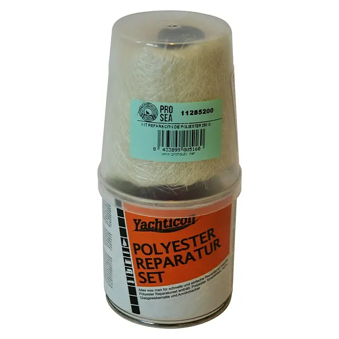 Kit de reparación de poliéster bicomponente - 250 g - Kit de reparación de poliéster Yachticon: Ideal para reparaciones rápidas. Contiene resina de poliéster, endurecedor, esterilla de fibra de vidrio y accesorios.
