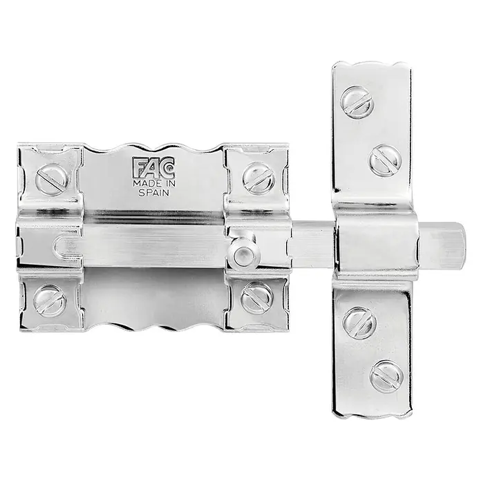FAC Cerrojo 300-P/87 Nquelado - L x An x Al: 87 x 117 x 26 mm - Cerrojo FAC plateado "Made in Spain". Un cerrojo de puerta robusto y brillante para mayor seguridad, ideal para diversas aplicaciones.