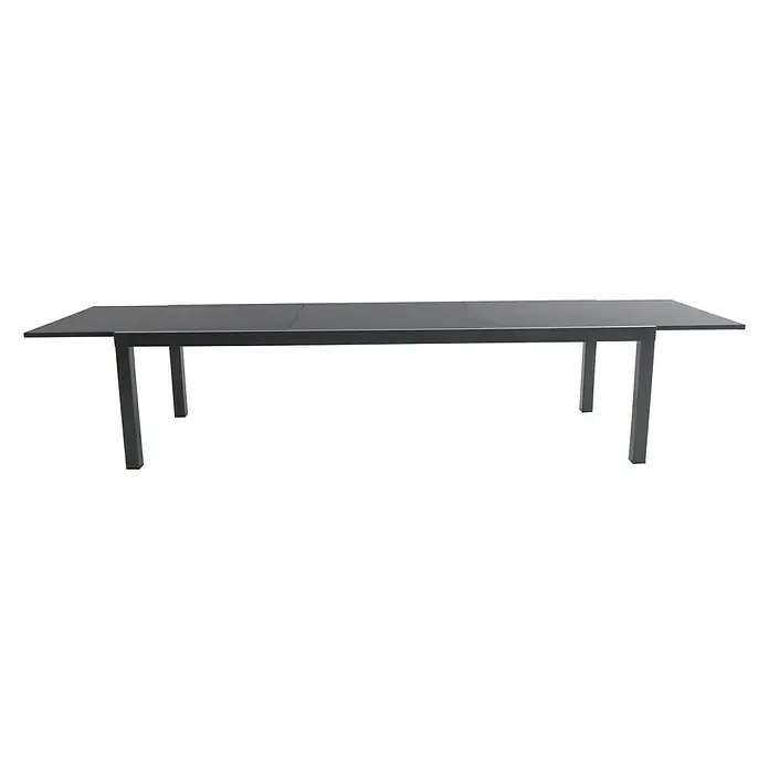 Sunfun Maja Mesa de jardín XL - L x An x Al: 280 x 100 x 75 cm, Aluminio, vidrio, Rectangular, Antracita, Extensible - Elegante imagen de una mesa de comedor negra, ideal para comedores modernos. El diseño minimalista destaca las líneas limpias de la mesa.