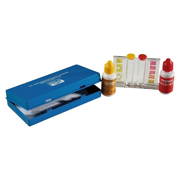 Tiras de test de cloro y ph Analógico - 2 ud. - Un kit de prueba de piscina para analizar los niveles de pH y cloro, completo con reactivos, viales de medición y estuche de almacenamiento.