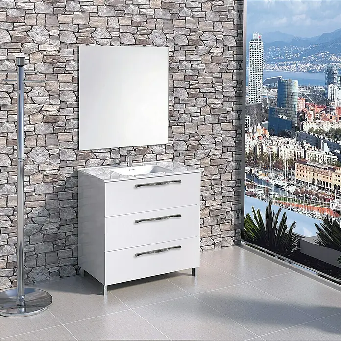 Artysan Mueble bajo de lavabo Tree - Blanco - Tocador de baño con mueble blanco, lavabo y espejo cuadrado frente a una pared de piedra.