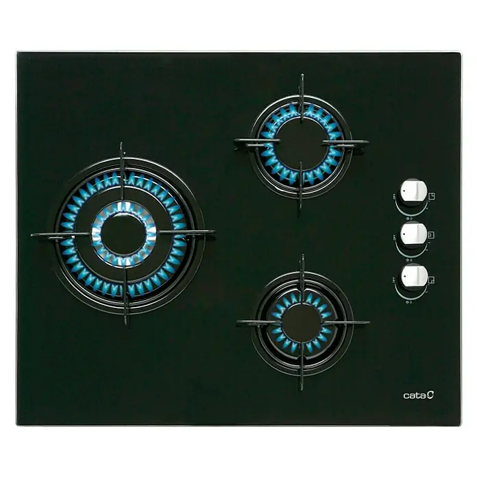 Cata Placa de cocción de cristal CI6021BK - L x An: 59 x 51 cm, Número de quemadores de gas: 3 ud. - Placa CATA negra con tres quemadores de gas y mandos de control.