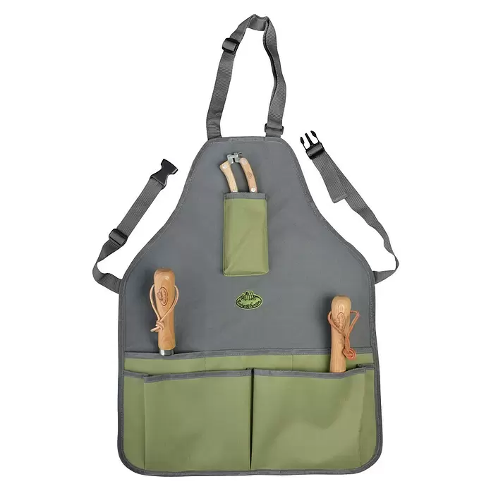 Esschert Design Gartenschürze - Länge: 78 cm, Grau - Graue Gartenschürze mit olivgrünen Taschen, die zwei Handschaufeln und eine Gartenschere hält.