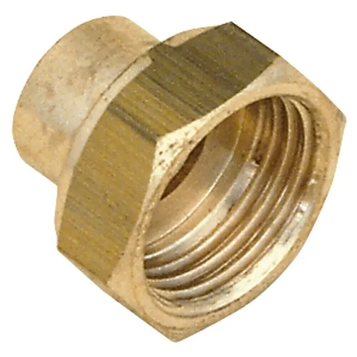 Standard Hidráulica Enlace soldar-roscar de latón H-H - Diámetro: 18 mm, Rosca interior: ½″ - Primer plano de un acoplamiento reductor de latón con roscas, utilizado para conectar tuberías de diferentes tamaños.
