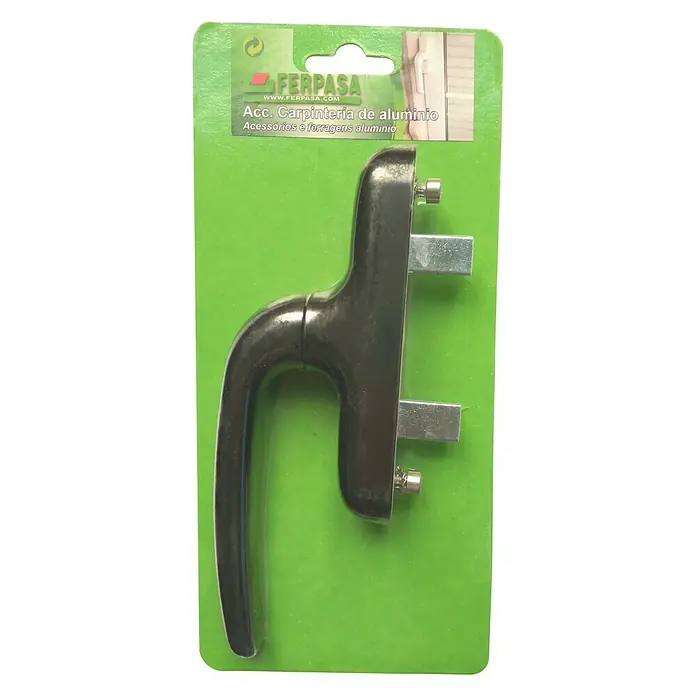 Manilla para ventana - Largo: 180 mm, Negro, Aluminio - Manilla de ventana negra sobre embalaje verde, accesorios para carpintería de aluminio. Producto de calidad.