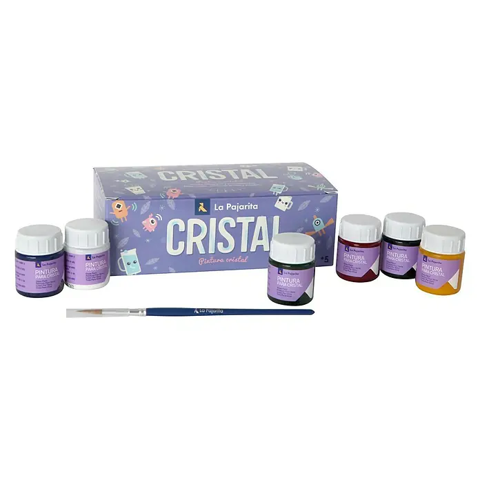 La Pajarita Pintura Kit Cristal - Multicolor - Un set para pintar vidrio, con varios colores y un pincel, empaquetado en una caja morada.