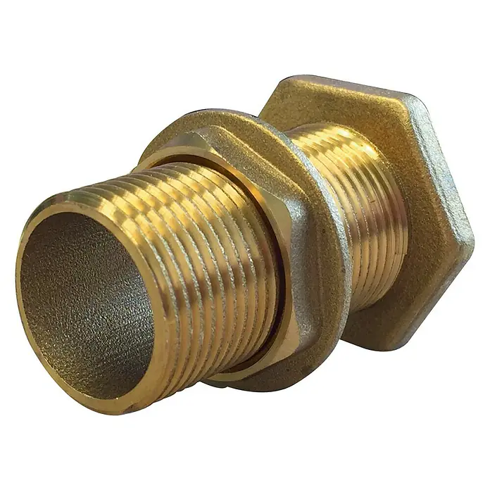 Conexión para depósito - Latón, Dimensión conexión: 1″ - Conector de tanque de latón con rosca, para conexiones seguras y estancas en sistemas de fontanería y calefacción. Construcción robusta.