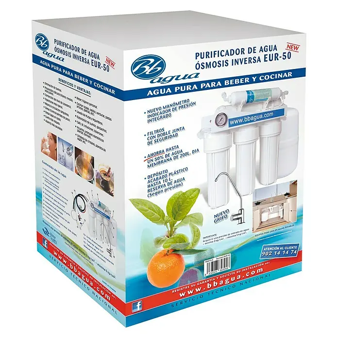Bb agua Equipo de ósmosis inversa EUR 50 - Caudal: 7,2 l/h - Embalaje del producto para el filtro de agua por ósmosis Bb agua EUR-50, que proporciona agua potable y para cocinar limpia.