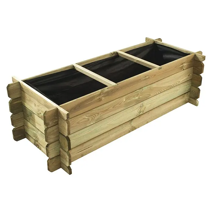 Cerland Huerto Basil - 140 x 60 x 36 cm, Madera - Una jardinera rectangular elevada de tres secciones hecha de madera clara con un revestimiento negro, ideal para jardines o patios.