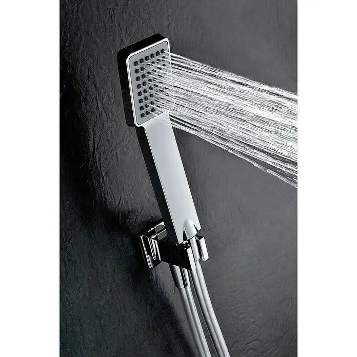 Imex Sistema de ducha empotrado Dublín - Con grifo monomando, Cromo - Cabezal de ducha con manguera de ducha. El cabezal de ducha es rectangular y tiene muchos pequeños orificios por donde sale agua.