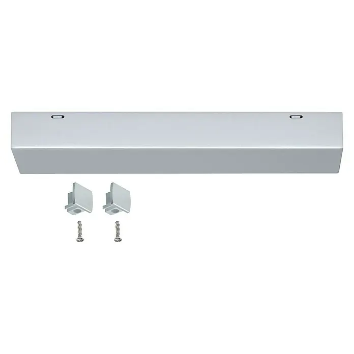 Paulmann URail Mittel-Einspeisung - 20,5 cm, 1.000 W, Chrom matt - Deckenleuchte mit Befestigungsmaterial. Die Lampe ist länglich und silberfarben, inklusive Halterungen und Schrauben für die Installation.