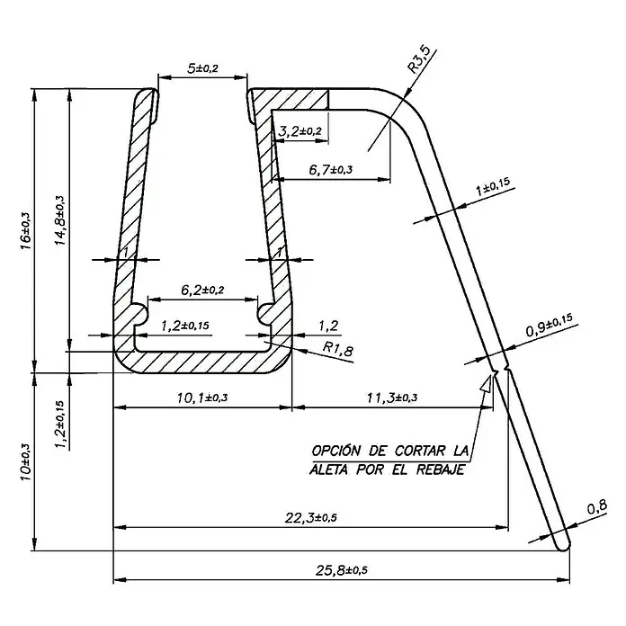 Perfil de sellado vierteaguas pala recortable - 100 x 2,58 x 2,6 cm, Transparente - Dibujo técnico de un perfil con dimensiones para diseño o fabricación, incluyendo tolerancias y radios.