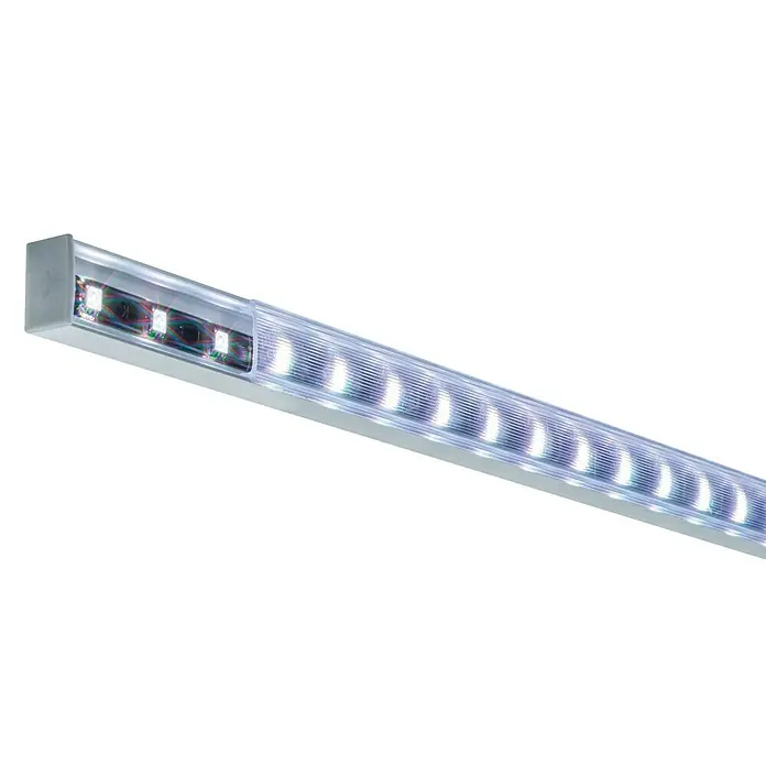 Paulmann U-Profil Function Square Profil Diffusor - L x B x H: 1 m x 2,3 cm x 1,5 cm, Aluminium - Nahaufnahme einer LED-Leuchtstoffröhre.
