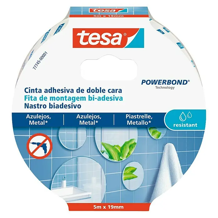 Tesa Powerbond Cinta de doble cara Resistente humedad - 1,9 cm x 5 m, Blanco - Cinta de montaje Tesa Powerbond para azulejos y metal, cinta adhesiva de doble cara, 5m x 19mm, ideal para montaje sin taladrar.